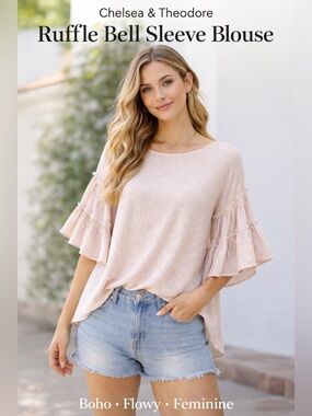 Chelsea & Theodore Ruffle Bell Sleeve Blouse Medium Pink Textured Stripe Flowy